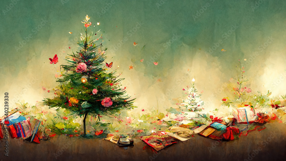 Weihnachtliches Dekobanner mit Weihnachtsbaum und Geschenke, Hintergrund Illustration
