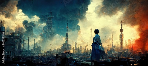 girl standing in the city after war in the future . cocnept art photo
