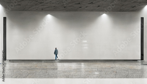 Advertising concept with businessman walking past blank white placard. Illustration for posters and backgrounds.