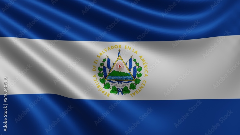 Render of the El Salvador flag flutters in the wind close-up, the national flag of El Salvador flutters in 4k resolution, close-up, colors: RGB. High quality 3d illustration Render of the El Salvador flag flutters in the wind close-up, the national flag of El Salvador flutters in 4k resolution, close-up, colors: RGB. High quality 3d illustration