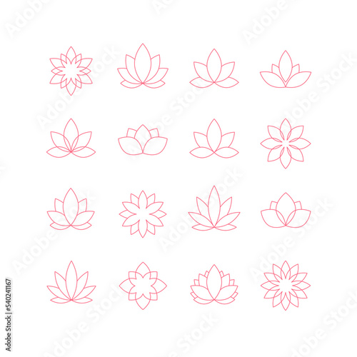 Set of linear lotus icons. Collection of floral design elements. Decorative symbols. Vector illustration.	