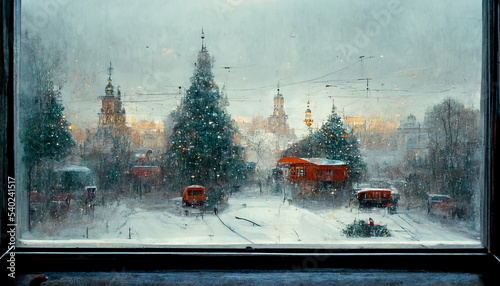 Winter landscape with Christmas spirit seen through a window with Christmas colors for wall art, backdrop or postcards