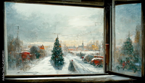 Christmas winter day seen from a window background with wintry colors for wall art, backdrop or postcards