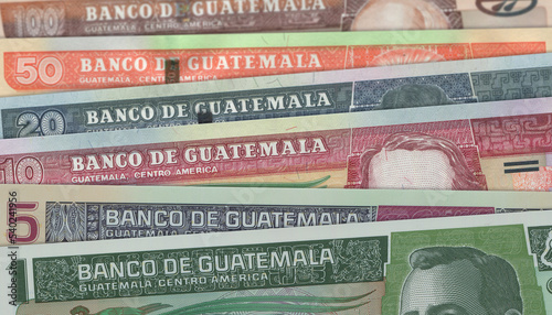 Paper money from Guatemala. Guatemalan quetzal. Close up banknotes from Guatemala. Guatemalan currency 