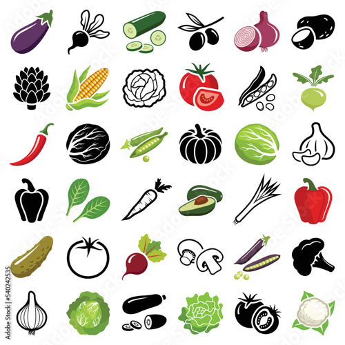 Sustainable healthy vegetable icon collection - vector color and black and white outline illustration and silhouette illustration