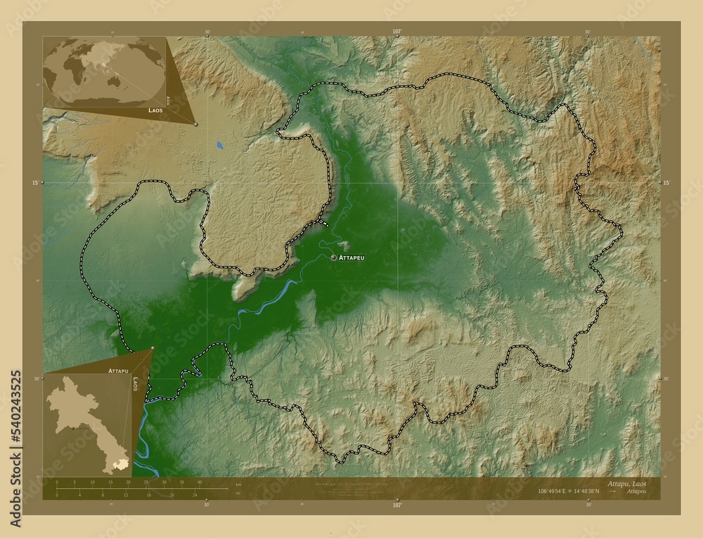 Fototapeta premium Attapu, Laos. Physical. Labelled points of cities