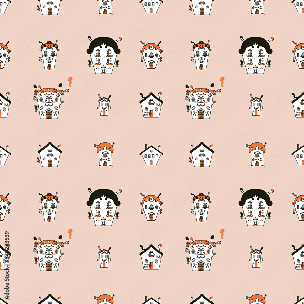 Fototapeta premium Happy Halloween haunted houses seamless pattern. Spooky print for T-shirt, paper, textile and fabric. Doodle illustration for decor and design.