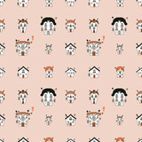 Happy Halloween haunted houses seamless pattern. Spooky print for T-shirt, paper, textile and fabric. Doodle illustration for decor and design.