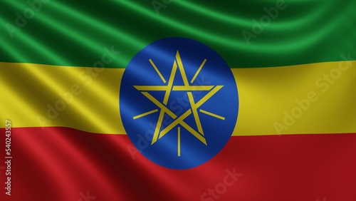 Render of the Ethiopia flag flutters in the wind close-up, the national flag of Ethiopia flutters in 4k resolution, close-up, colors: RGB. High quality 3d illustration