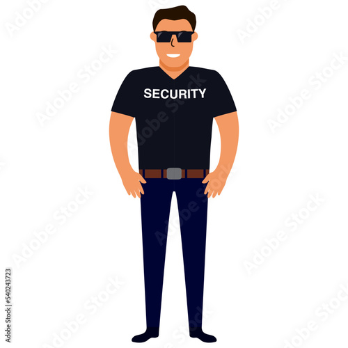 Man security guard of nightclub.Face control.Bouncer in sunglasses.Character cartoon vector illustration.Security guy suit for a shirt and trousers.Isolated on white background.