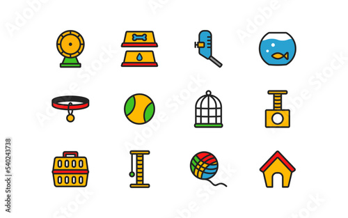 Pets care icon set on white background. Flat design. Domestic animals supplies signs.