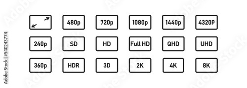 Screen resolution icon set. Monitor size symbol. Hd, FHD, UHD, 4K, 8K screen and TV quality.