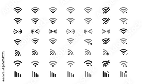 Wi fi icon set on white background. Internet network concept. No signal sign. Wireless internet acsess symbol.