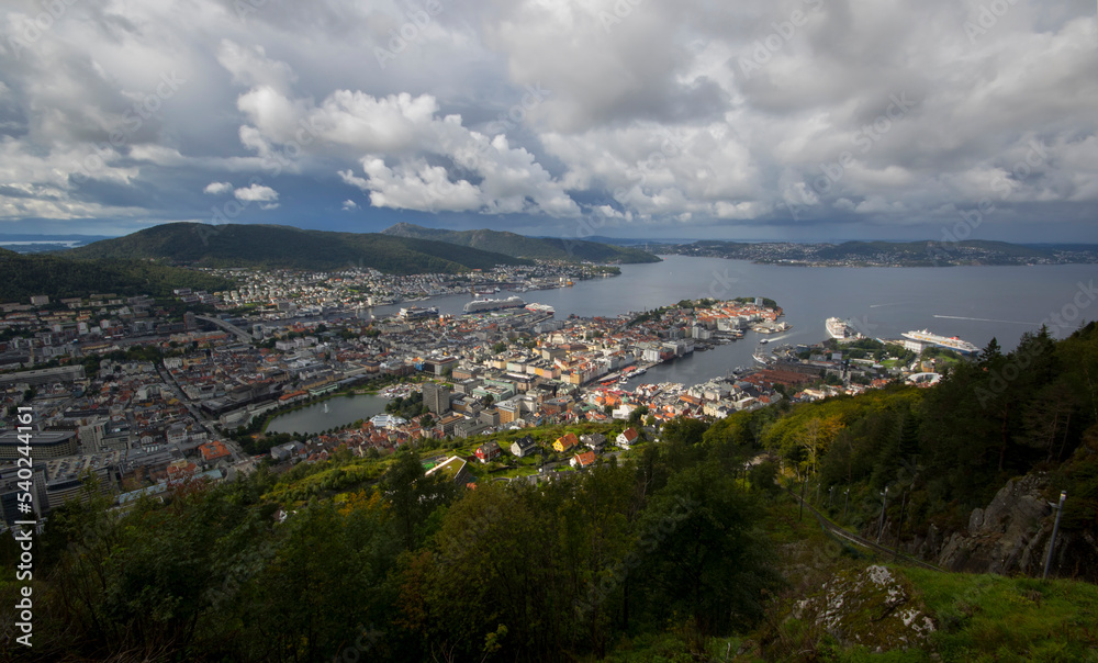 Norway. Bergen. View of the city and the bay from the observation deck at the top of the hill