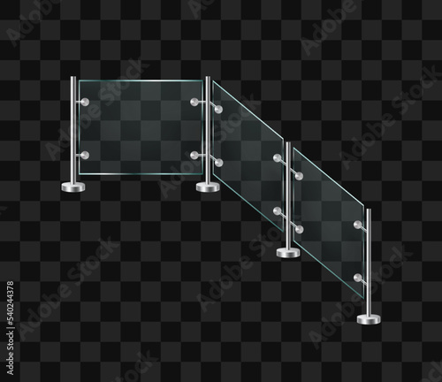 Glass balustrade with metal racks. Fencing sections with steel pillars. Realistic vector illustration isolated on transparent background.