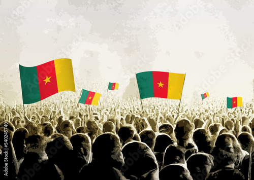 Crowd with the flags of Cameroon, people cheering national team of Cameroon. Ai generated illustration of crowd.