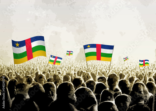 Crowd with the flags of Central African Republic  people cheering national team of Central African Republic. Ai generated illustration of crowd.