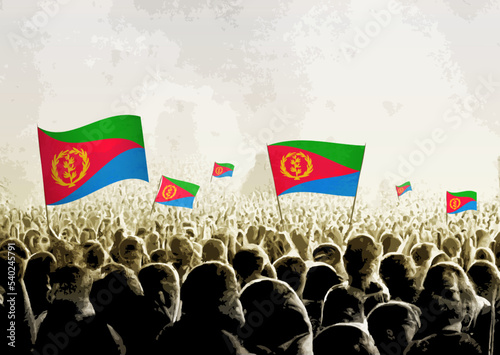 Crowd with the flags of Eritrea, people cheering national team of Eritrea. Ai generated illustration of crowd.