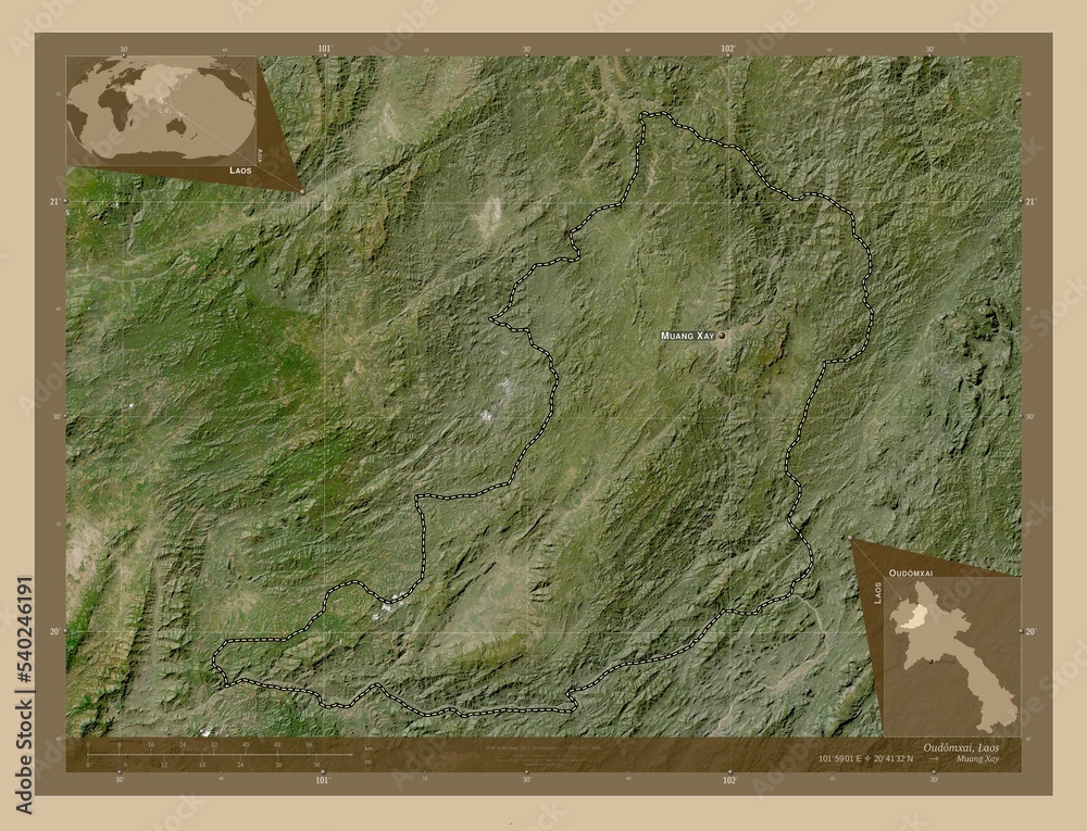Fototapeta premium Oudomxai, Laos. Low-res satellite. Labelled points of cities