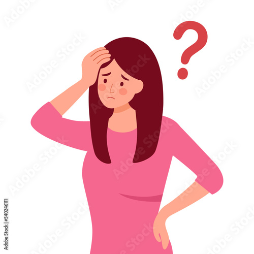 Forgetful woman holding hand to her head in flat design. Forgetfulness. Young female has memories problem.