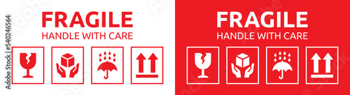 Fragile handle with care sticker and poster for delivery service. Fragile box and glass parcel warning icon vector signs.