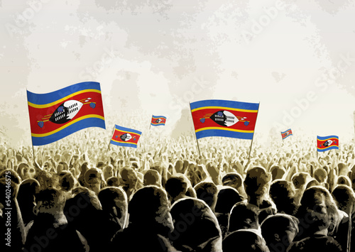 Crowd with the flags of Swaziland, people cheering national team of Swaziland. Ai generated illustration of crowd.