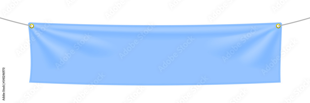 Baby blue fabric banner with folds and transparent shadow isolated on white background. Blank hanging textile template. Empty mockup. Vector illustration