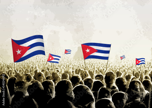 Crowd with the flags of Cuba, people cheering national team of Cuba. Ai generated illustration of crowd.