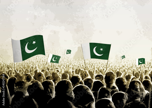 Crowd with the flags of Pakistan, people cheering national team of Pakistan. Ai generated illustration of crowd.