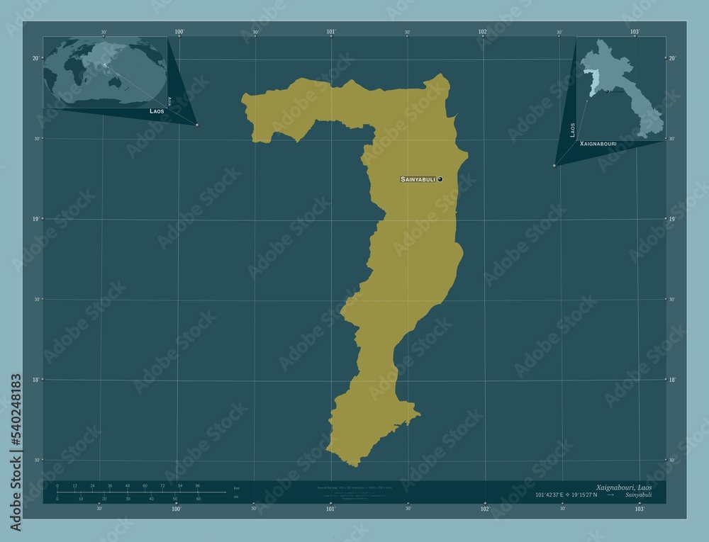Xaignabouri, Laos. Solid. Labelled points of cities