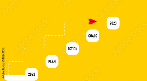 Plan, Actions,Goals from 2022 to 2023,
flying red airplane. Business creativity new idea discovery innovation technology. New year idea concept.