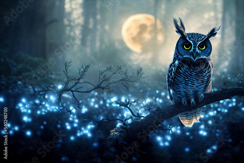 Fairytale forest with owl, magic dreamy forest, digital illustration