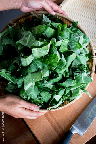 African American woman holding basket of cut collard greens