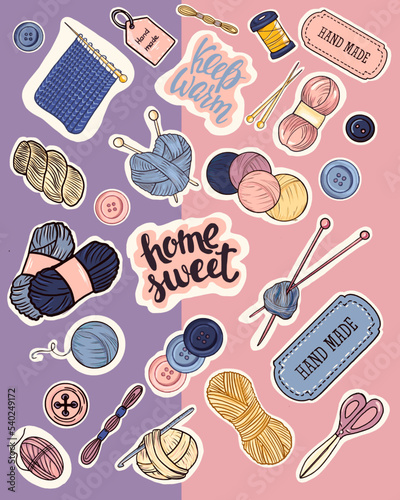Needlework set of stickers. Sticker pack knitting, handmade, needlework set. Skeins of yarn, knitting needles, balls of thread, scissors, buttons, hook, tags. Stickers for diary, notepad, print 