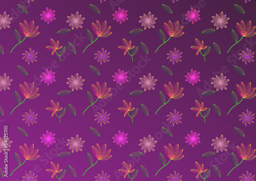 Glowing tropical flower fabric pattern on green background.