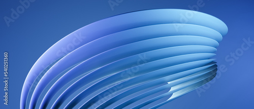 Blue abstract round shiny modern 3D object with many overlapping layers and flowing curves, lines or shapes on black background