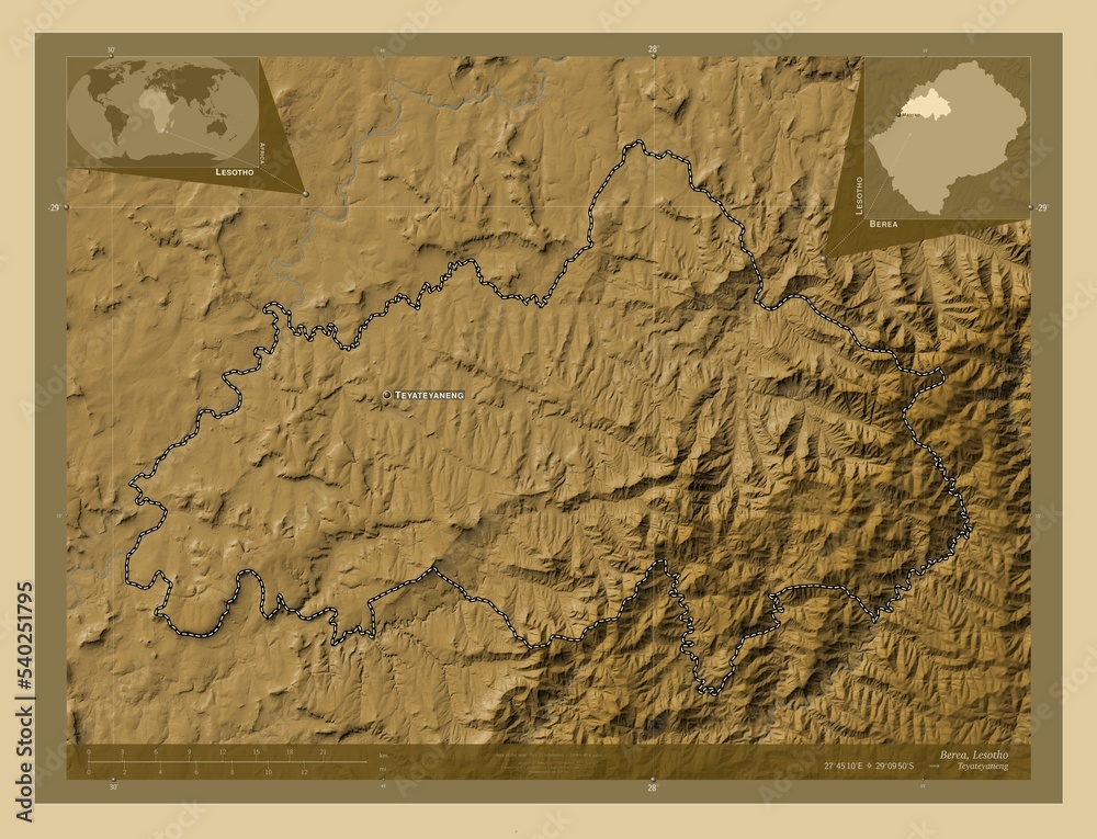 Obraz premium Berea, Lesotho. Physical. Labelled points of cities