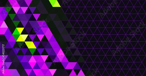 Abstract bright digital dark background. Purple pink violet neon light green yellow triangle. Geometric shape. Polygon backdrop. Technology wallpaper. Business card, template, flyer, poster banner. VR
