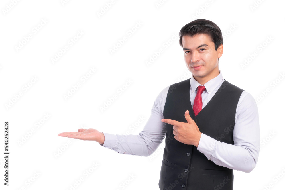Portrait working Asian business man ware suit with happiness pointing finger to empty copy space , blank space for advertising or product isolated on white background - business concept Portrait working Asian business man ware suit with happiness pointing finger to empty copy space , blank space for advertising or product isolated on white background - business concept