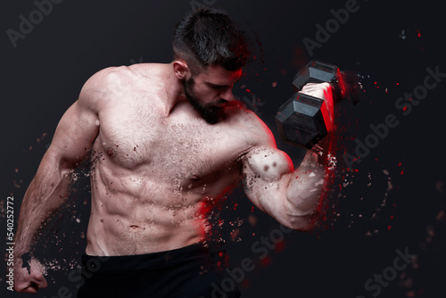 Shirtless bodybuilder lifting weights and dispersing into particles, dematerialize and falling apart photo