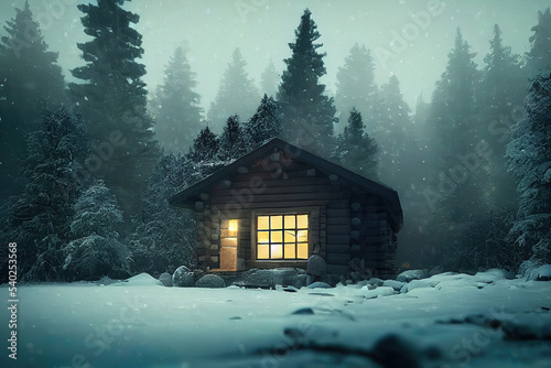 log cabin in winter forest Fototapet