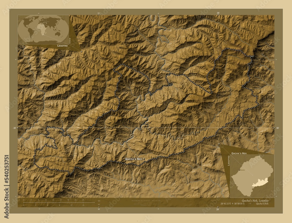Fototapeta premium Qacha's Nek, Lesotho. Physical. Labelled points of cities