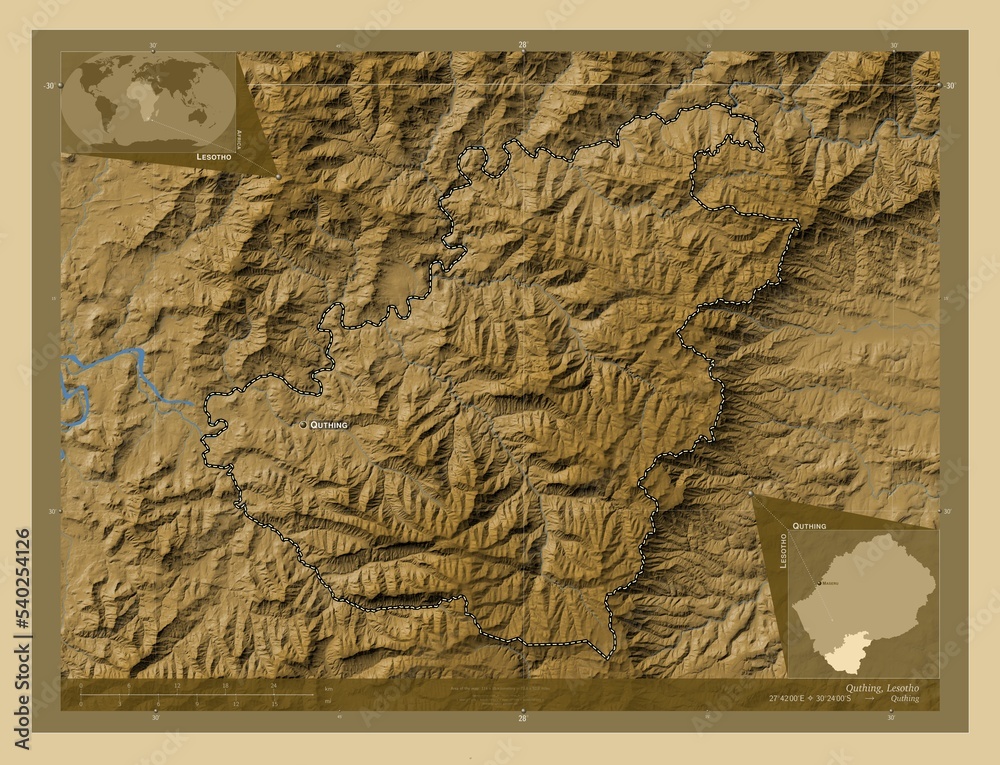 Obraz premium Quthing, Lesotho. Physical. Labelled points of cities