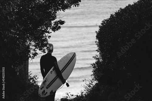 silhouette of a surfer watching waves