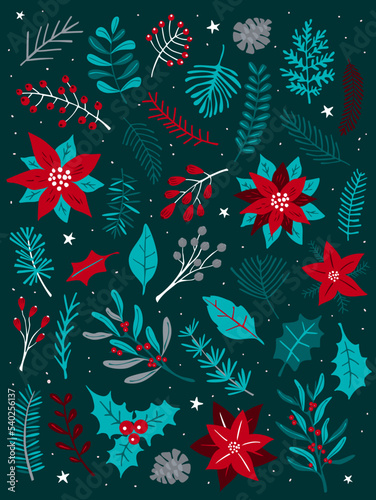 merry christsmas xmas floral foliage plants forest botanical boho modern retro style turquoise blue and red colors festive seasonal poster, vector illustration graphic print