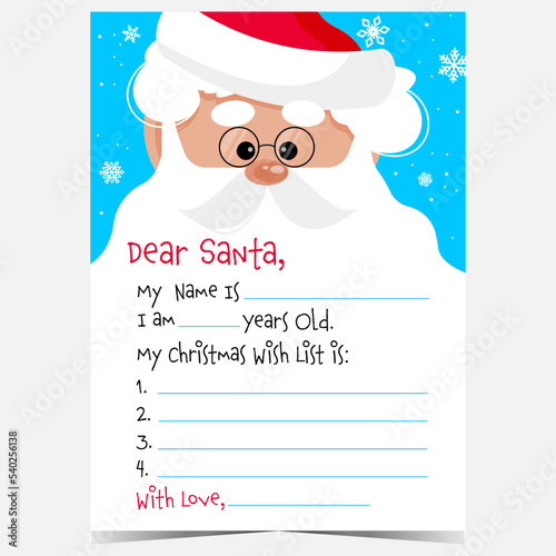  Christmas wish list, Santa postcard to fill with a message . Christmas letter with Santa Claus character and snowflakes on background. Vector decorated paper sheet for Christmas mail.