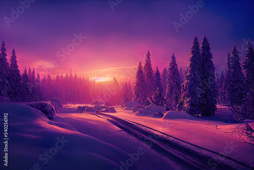 winter landscape sunset snow forest and hills © Gbor