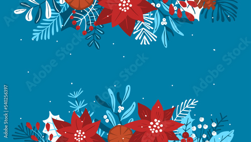 merry christmas winter foliage flowers leaves branches , red berries header border, vector illustration background