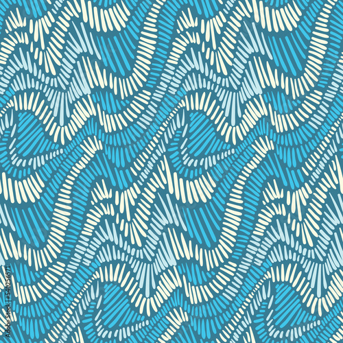 Seamless abstract pattern with hatched waves. Cute abstract background design with hand drawn blue stripes, seamless doodle texture with lines. Graphic surface design. Vector illustration.