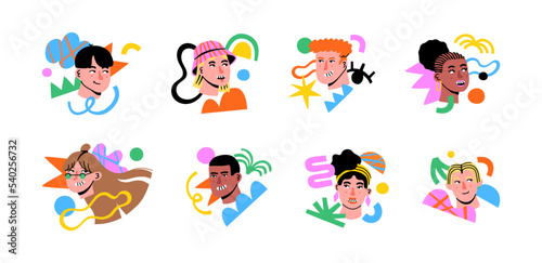 Fototapeta Naklejka Na Ścianę i Meble -  Set of diverse happy young people with colorful abstract shapes on isolated background. Modern illustration of trendy women and men group for teamwork, art community or business creativity concept.